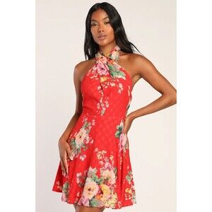 Lulus Own the Day Red Floral Jacquard Cross-Front Halter Mini Dress Sz S